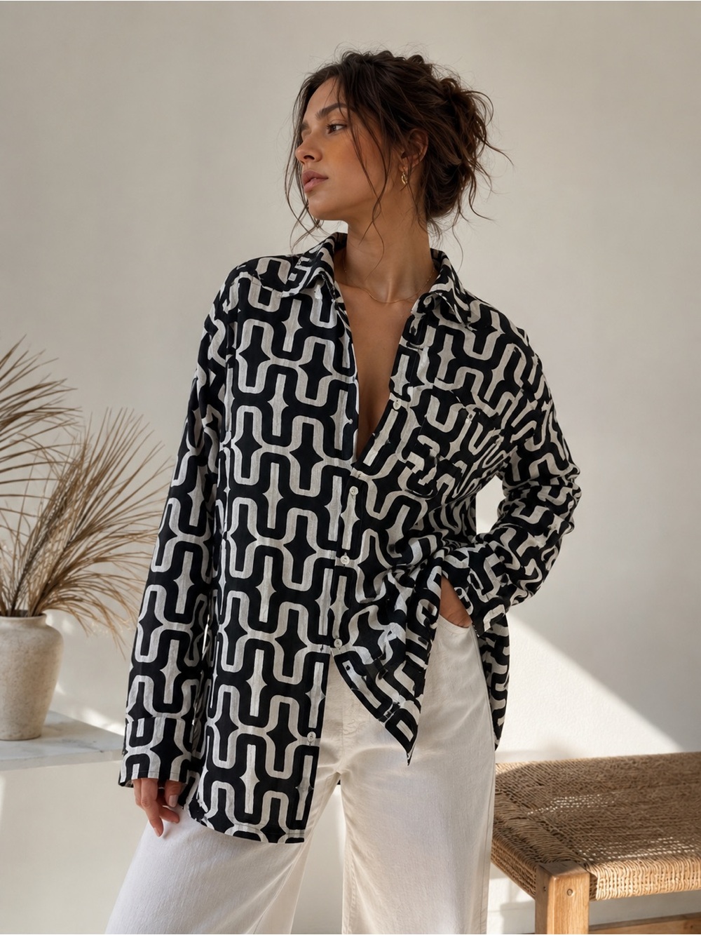 KikiSol Black & White Geometric Print Cotton Button Down Shirt Large Lightweight